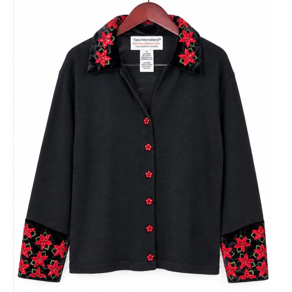 Tiara International Christmas Cardigan XL Poinsettia Embroidered Velvet Y2K 2004 - Picture 2 of 9